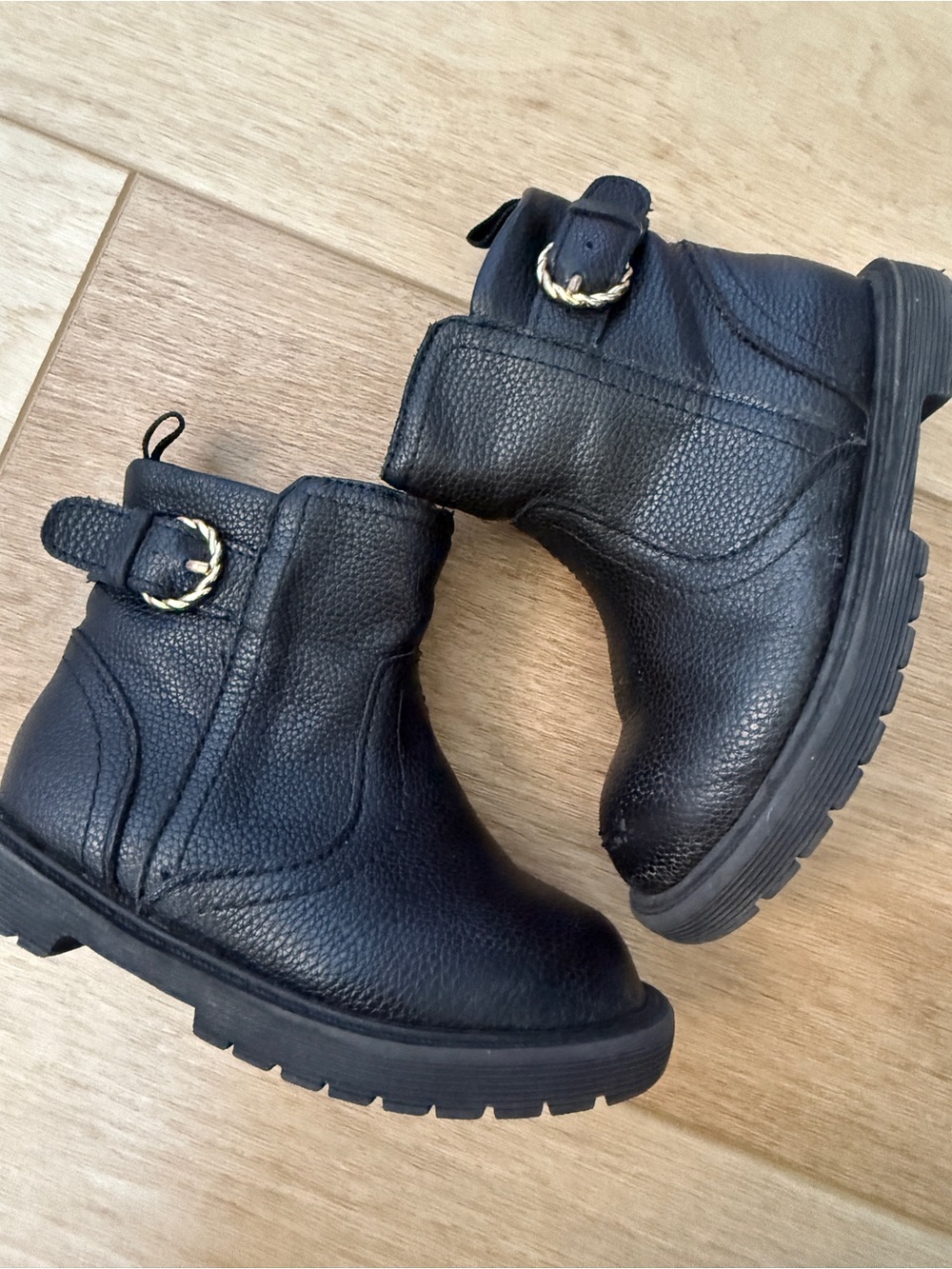 GAP Black Kids Pebbled Leather Ankle Boots with Gold Buckle